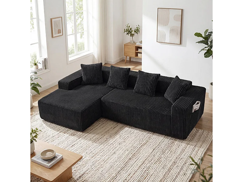 Canapé d'angle gauche modulable - en Velours côtelé Noir - 3 Places - avec 4 Coussins et méridienne - 261x156x80cm