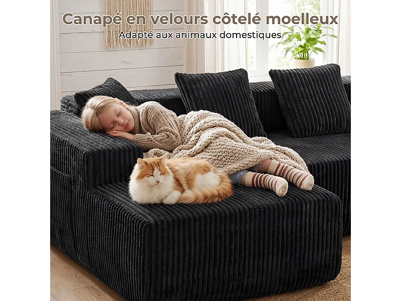 Canapé d'angle gauche modulable - en Velours côtelé Noir - 3 Places - avec 4 Coussins et méridienne - 261x156x80cm