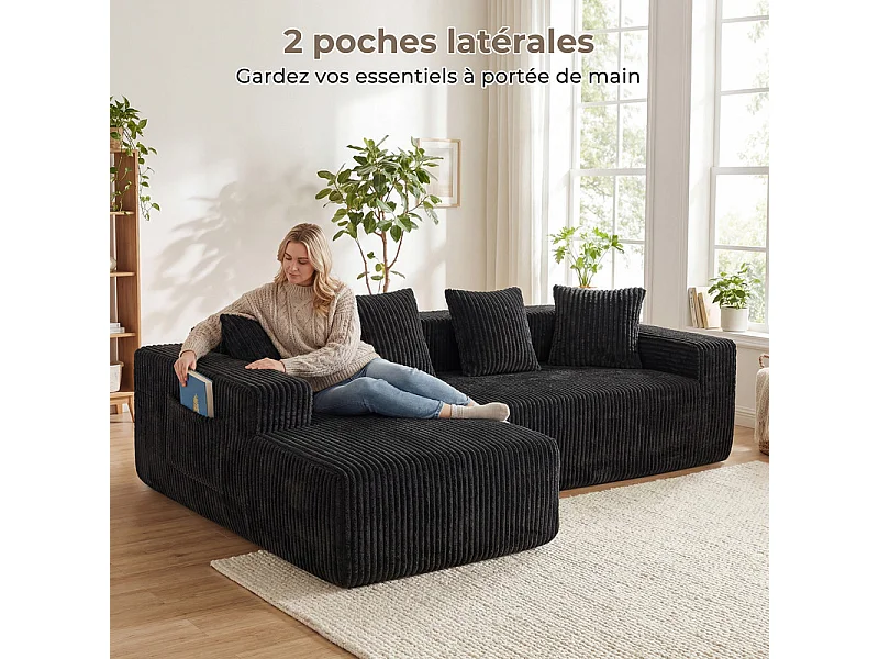 Canapé d'angle gauche modulable - en Velours côtelé Noir - 3 Places - avec 4 Coussins et méridienne - 261x156x80cm