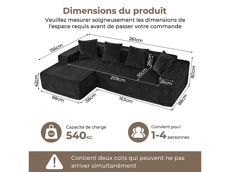 Canapé d'angle gauche modulable - en Velours côtelé Noir - 3 Places - avec 4 Coussins et méridienne - 261x156x80cm