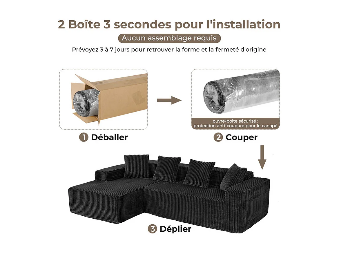 Canapé d'angle gauche modulable - en Velours côtelé Noir - 3 Places - avec 4 Coussins et méridienne - 261x156x80cm