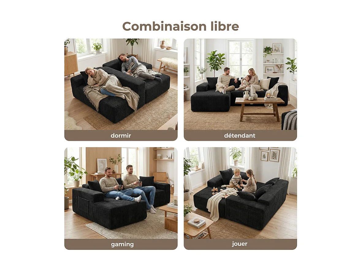 Canapé d'angle gauche modulable - en Velours côtelé Noir - 3 Places - avec 4 Coussins et méridienne - 261x156x80cm