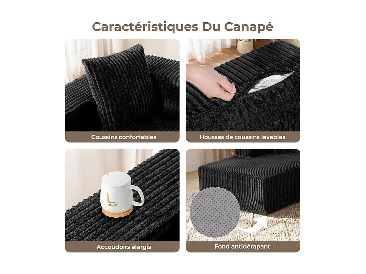 Canapé d'angle gauche modulable - en Velours côtelé Noir - 3 Places - avec 4 Coussins et méridienne - 261x156x80cm