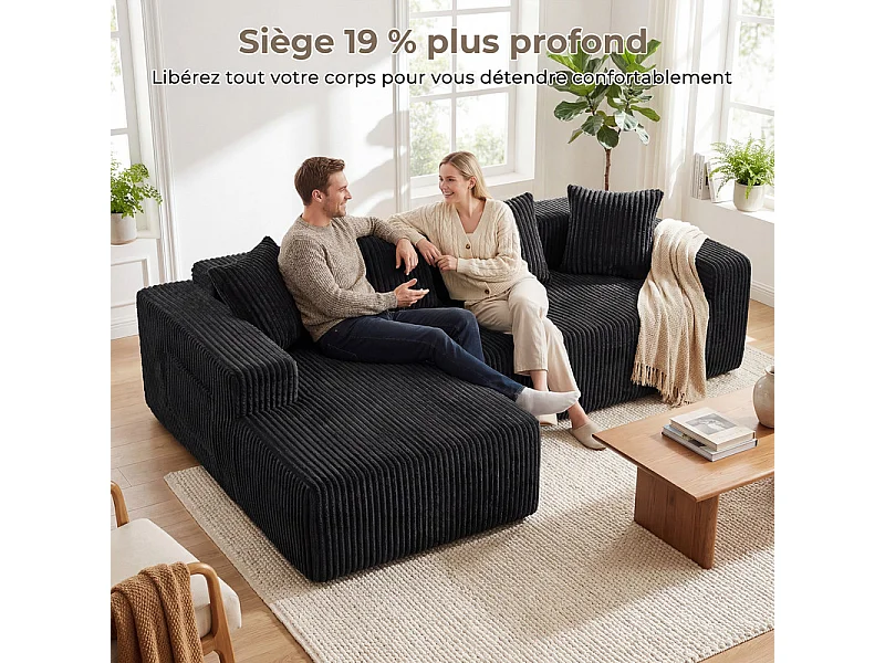 Canapé d'angle gauche modulable - en Velours côtelé Noir - 3 Places - avec 4 Coussins et méridienne - 261x156x80cm