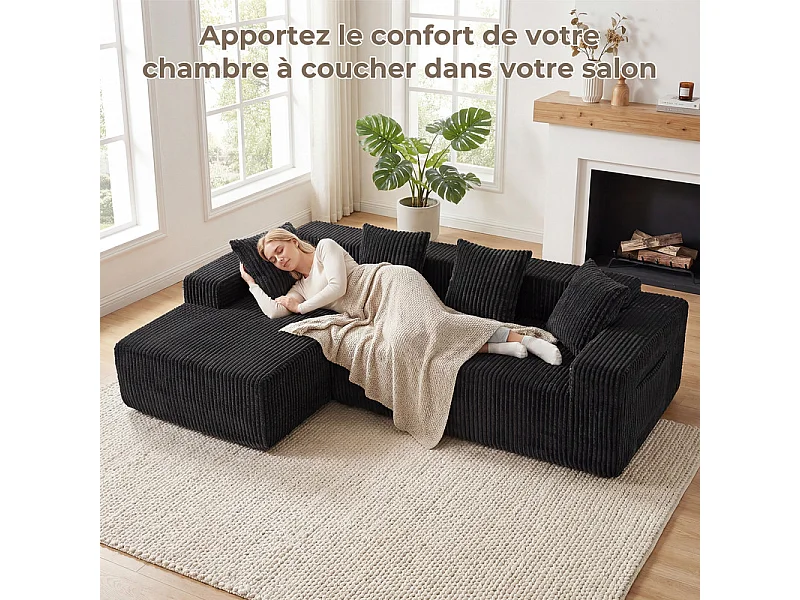 Canapé d'angle gauche modulable - en Velours côtelé Noir - 3 Places - avec 4 Coussins et méridienne - 261x156x80cm