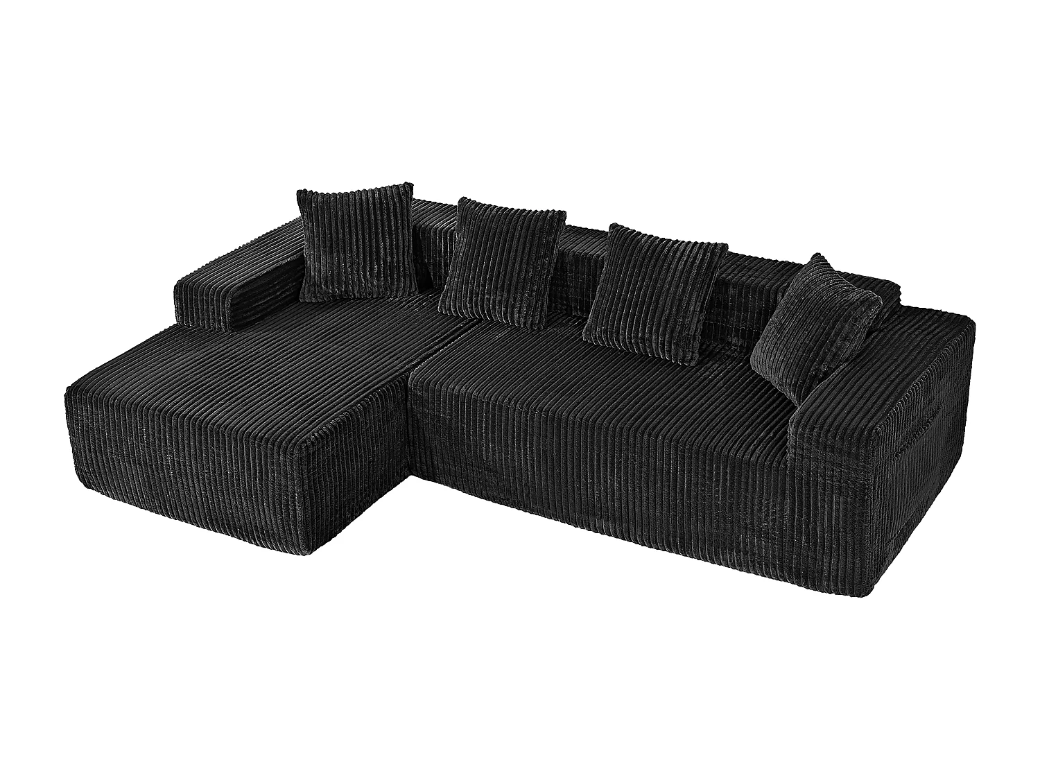 Canapé d'angle gauche modulable - en Velours côtelé Noir - 3 Places - avec 4 Coussins et méridienne - 261x156x80cm
