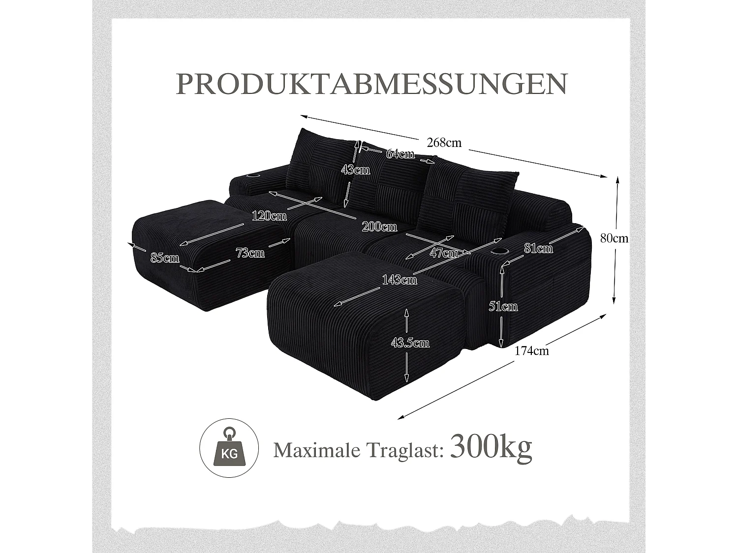 Canapé modulable 3 places - 268 x 174 x 80 cm - avec 2 poufs + porte-gobelets + poche de rangement - velours - noir