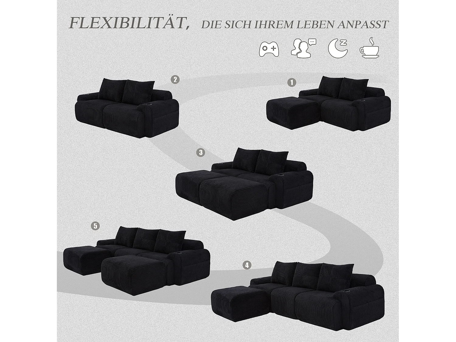 Canapé modulable 3 places - 268 x 174 x 80 cm - avec 2 poufs + porte-gobelets + poche de rangement - velours - noir