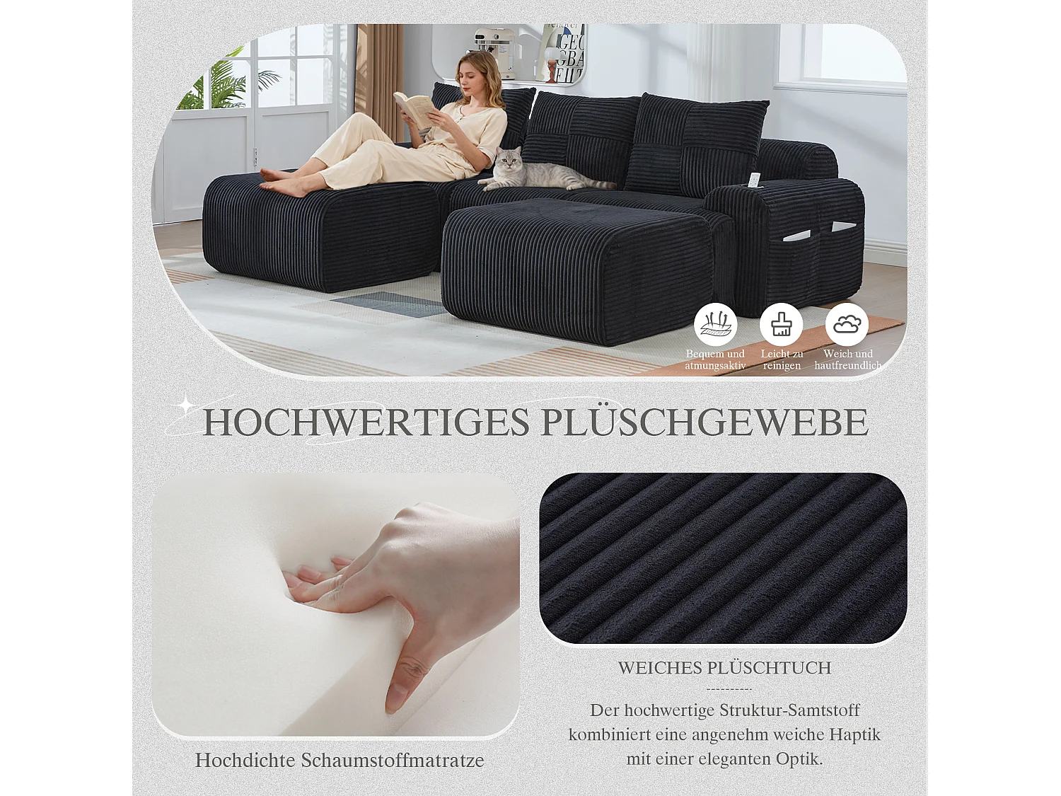 Canapé modulable 3 places - 268 x 174 x 80 cm - avec 2 poufs + porte-gobelets + poche de rangement - velours - noir