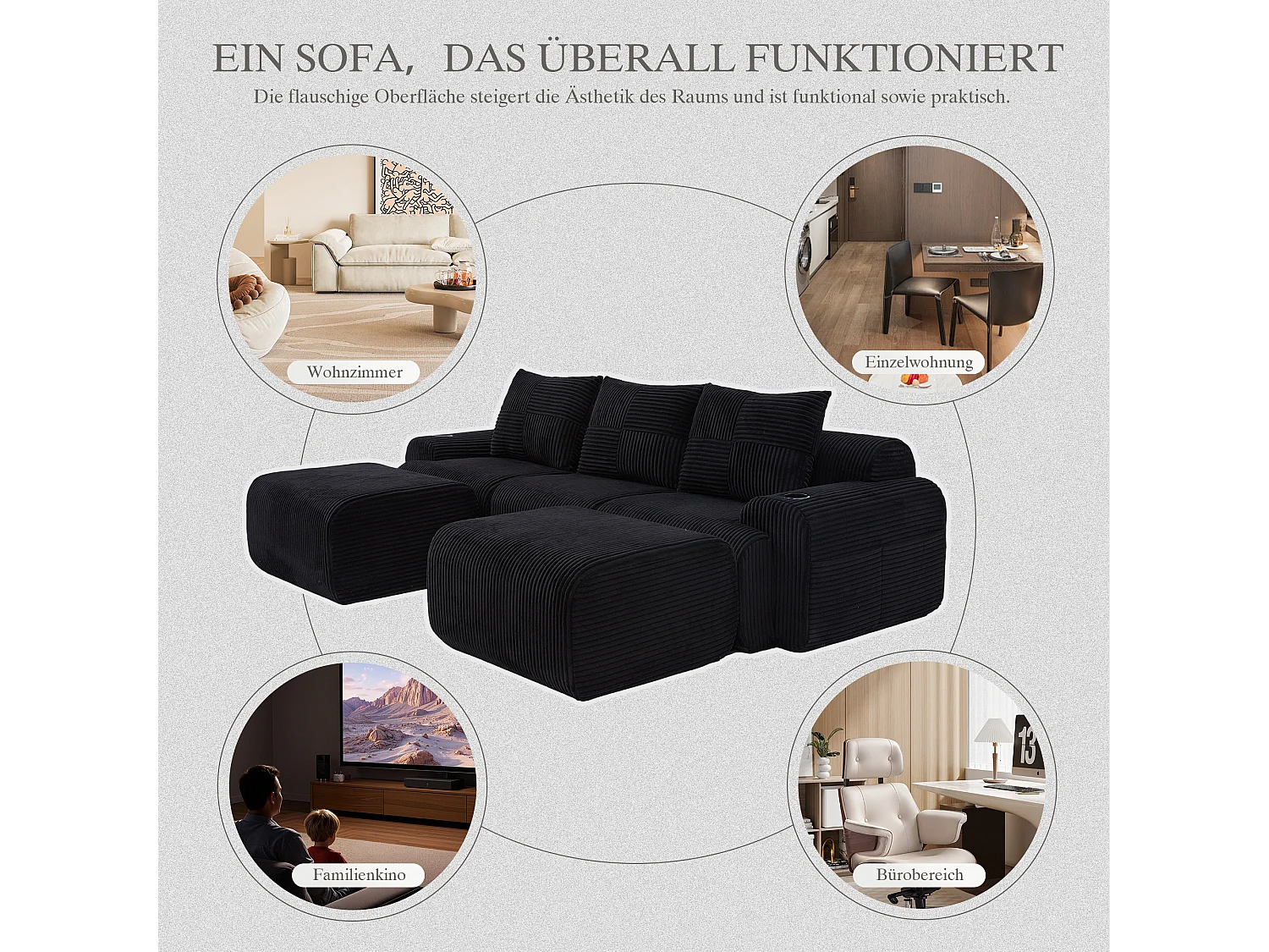 Canapé modulable 3 places - 268 x 174 x 80 cm - avec 2 poufs + porte-gobelets + poche de rangement - velours - noir