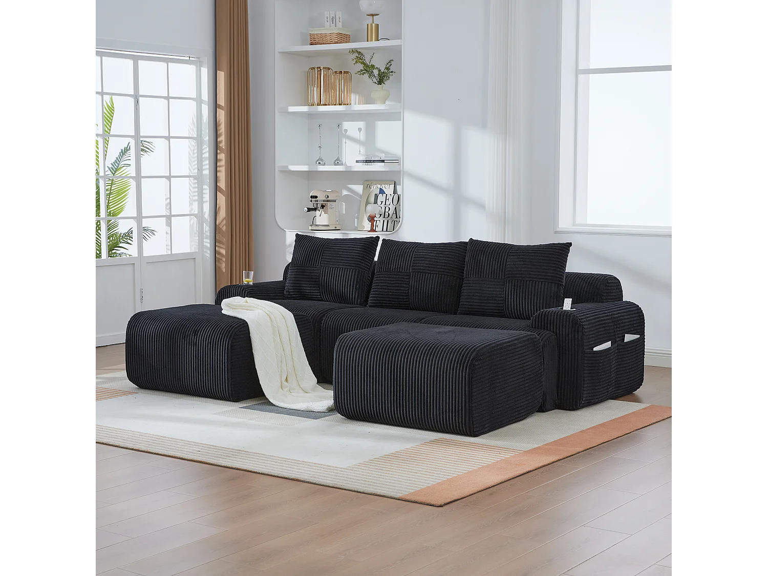 Canapé modulable 3 places - 268 x 174 x 80 cm - avec 2 poufs + porte-gobelets + poche de rangement - velours - noir