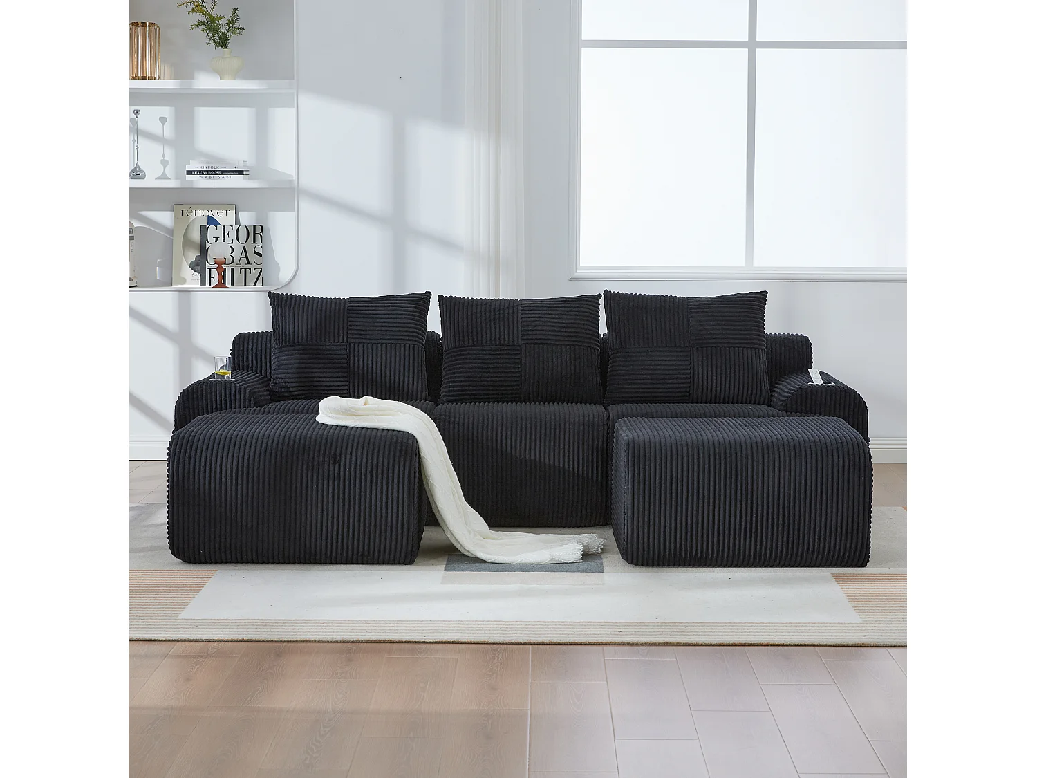 Canapé modulable 3 places - 268 x 174 x 80 cm - avec 2 poufs + porte-gobelets + poche de rangement - velours - noir