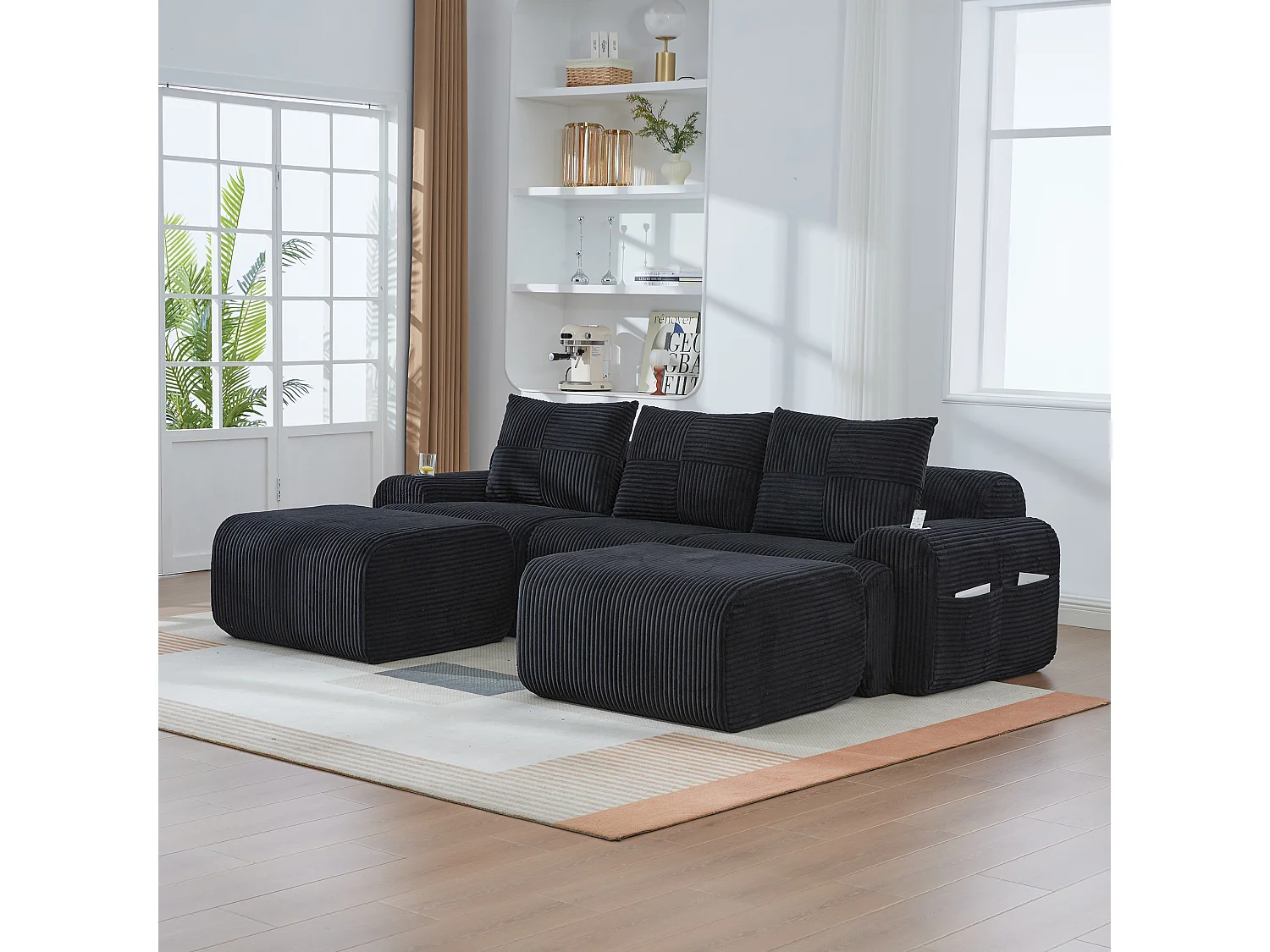 Canapé modulable 3 places - 268 x 174 x 80 cm - avec 2 poufs + porte-gobelets + poche de rangement - velours - noir