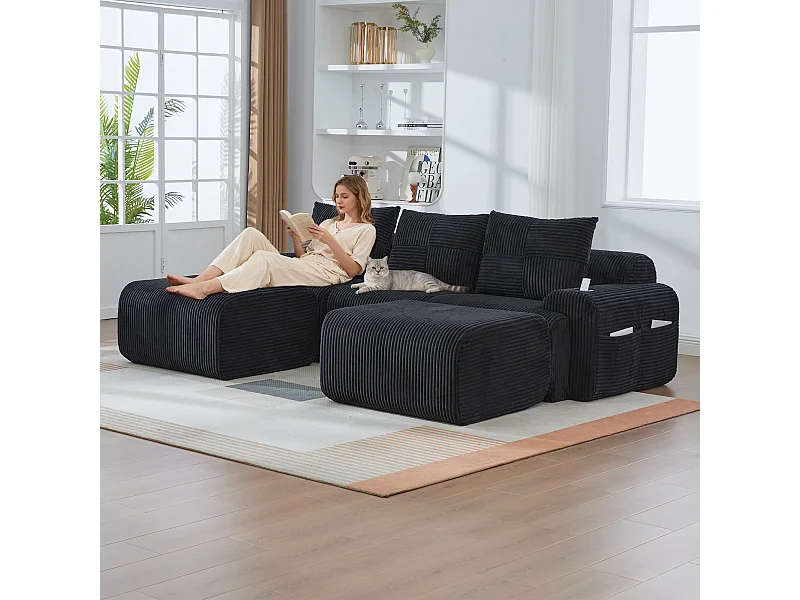 Canapé modulable 3 places - 268 x 174 x 80 cm - avec 2 poufs + porte-gobelets + poche de rangement - velours - noir