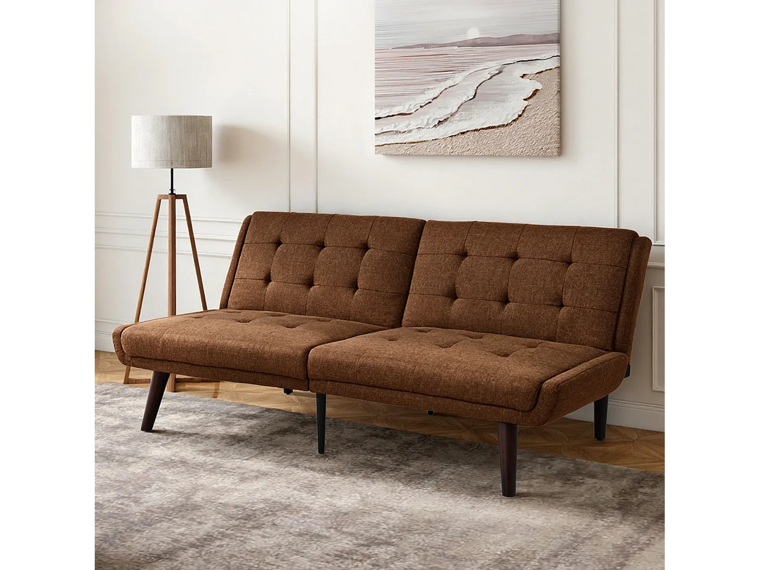 Canapé 2 places convertible express -Dossier inclinable 5 positions - Tissu lin marron