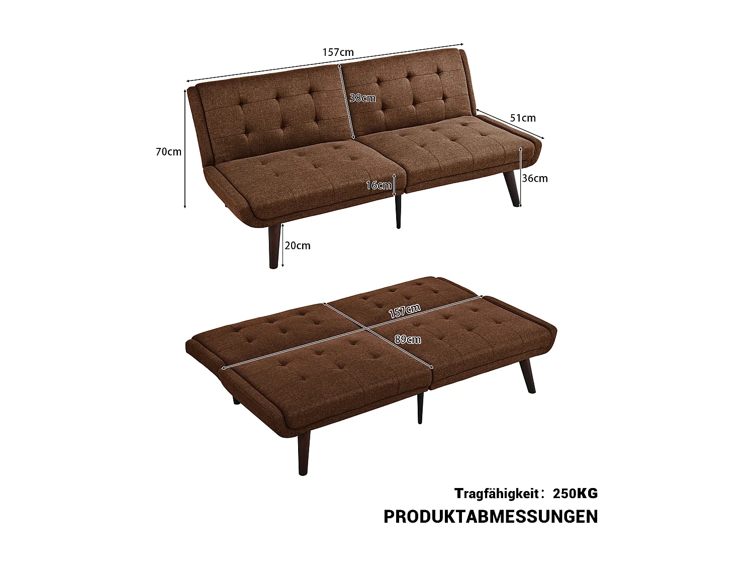 Canapé 2 places convertible express -Dossier inclinable 5 positions - Tissu lin marron
