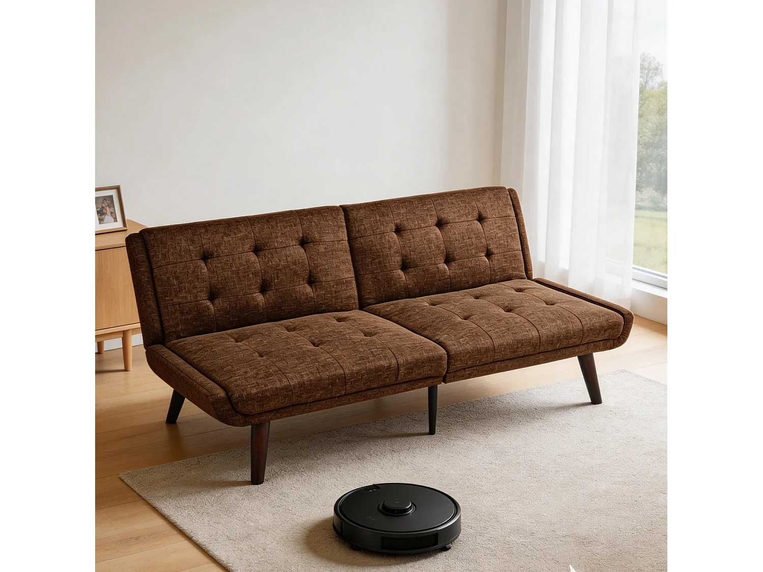 Canapé 2 places convertible express -Dossier inclinable 5 positions - Tissu lin marron