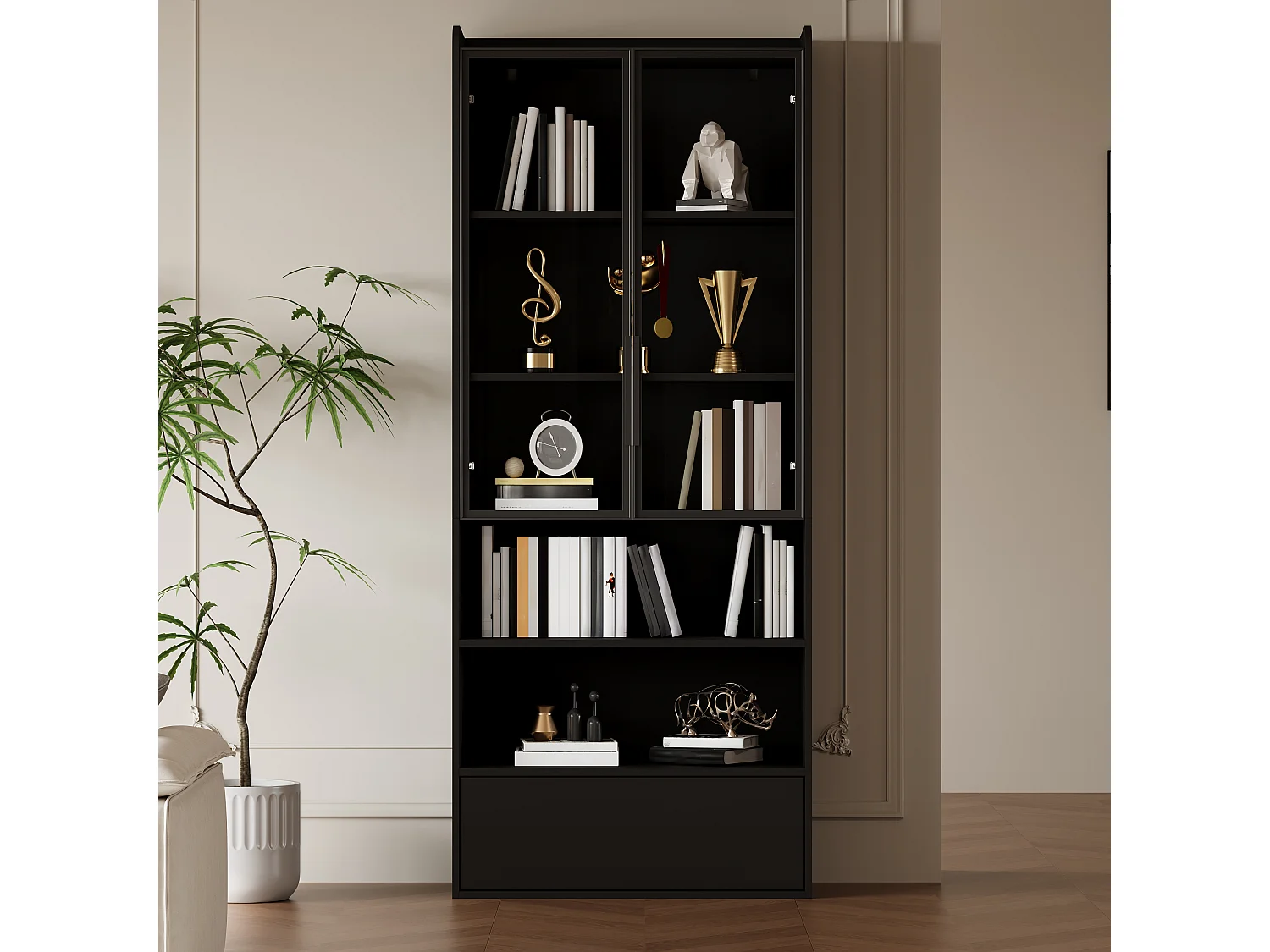 Vitrine 80x34x180 cm - mit LED-Beleuchtung - 1 Schublade und 2 Glastüren - offene Regale - MDF - Schwarz