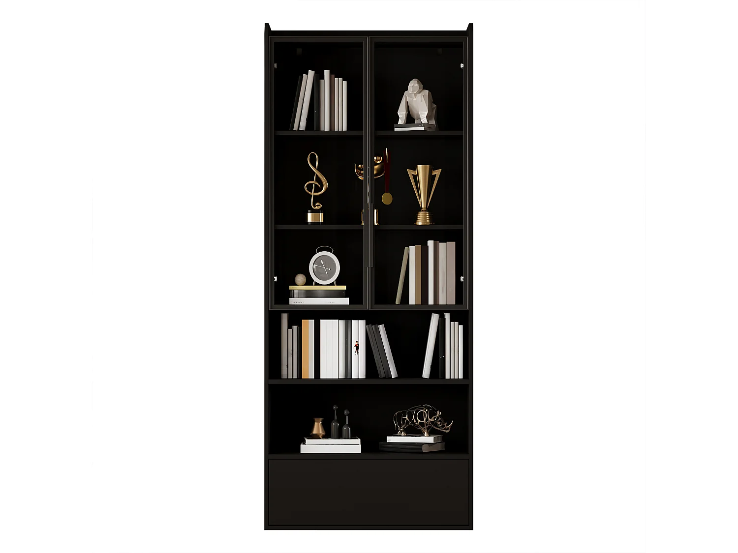 Vitrine 80x34x180 cm - mit LED-Beleuchtung - 1 Schublade und 2 Glastüren - offene Regale - MDF - Schwarz