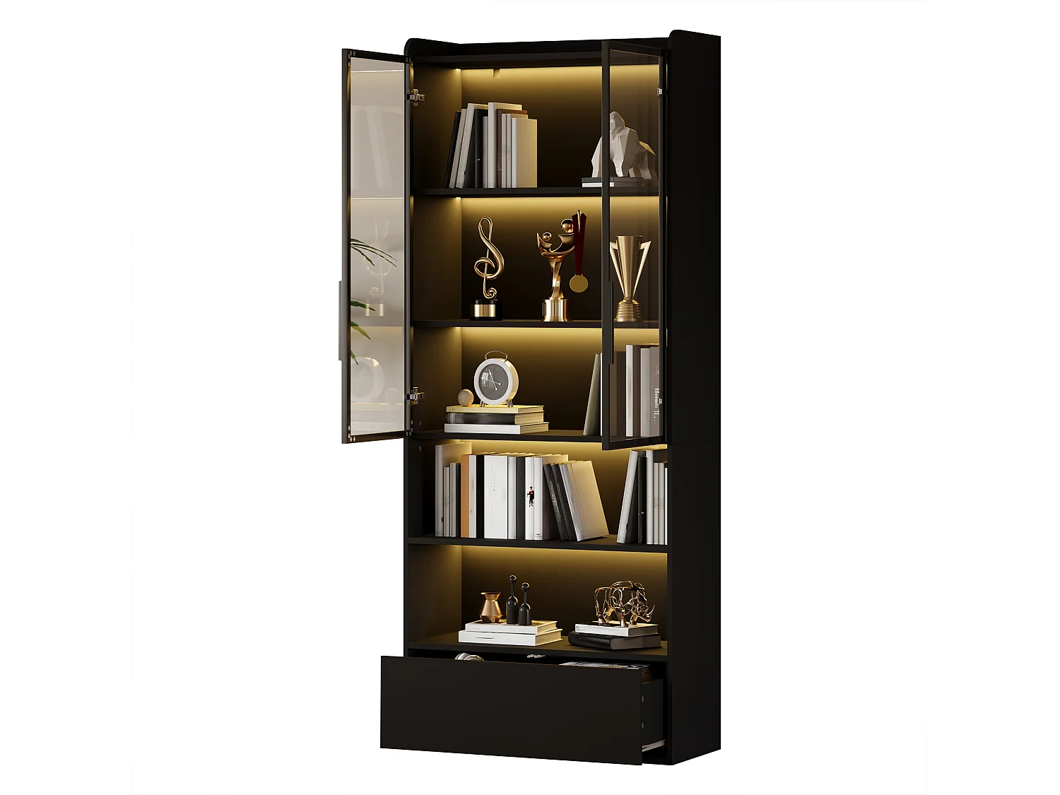Vitrine 80x34x180 cm - mit LED-Beleuchtung - 1 Schublade und 2 Glastüren - offene Regale - MDF - Schwarz