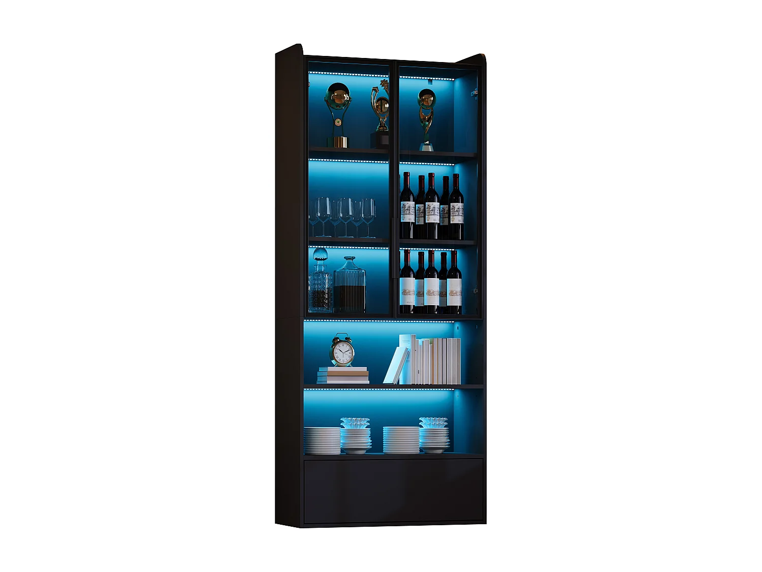 Vitrine 80x34x180 cm - mit LED-Beleuchtung - 1 Schublade und 2 Glastüren - offene Regale - MDF - Schwarz