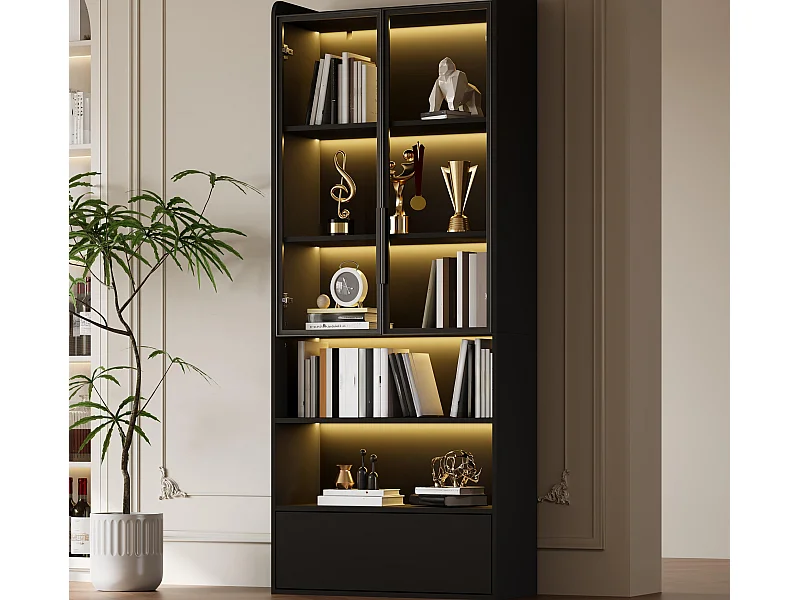Vitrine 80x34x180 cm - mit LED-Beleuchtung - 1 Schublade und 2 Glastüren - offene Regale - MDF - Schwarz