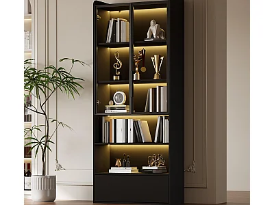 Witryna 80x34x180 cm - z oświetleniem LED - 1 szuflada i 2 szklane drzwi - otwarte półki - MDF - Czarny