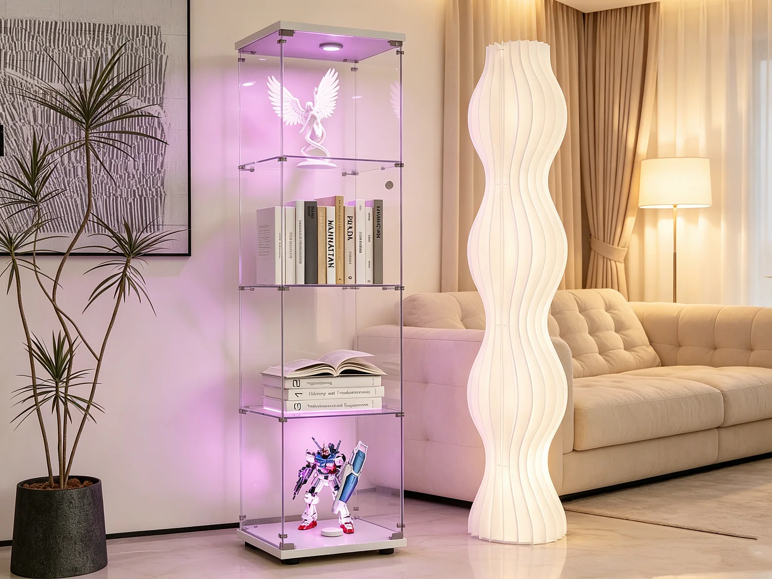 Vitrine vitrée - meuble indépendant pour collections avec éclairage LED - 1 porte et 4 étagères - vitrine pour figurines