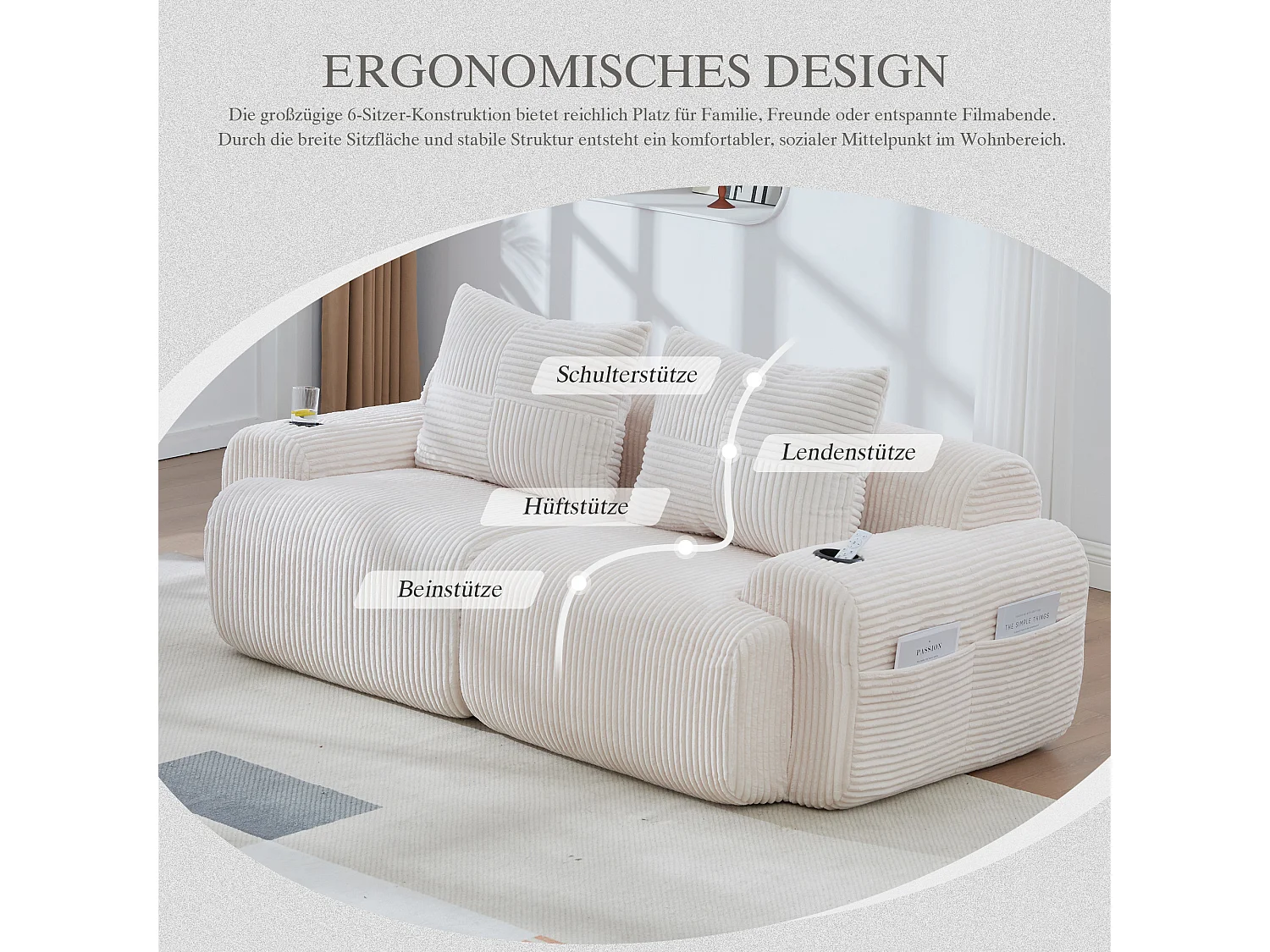 Canapé moderne 2 places - 200 x 99 x 80 cm - avec porte-gobelets + poche de rangement - velours - beige
