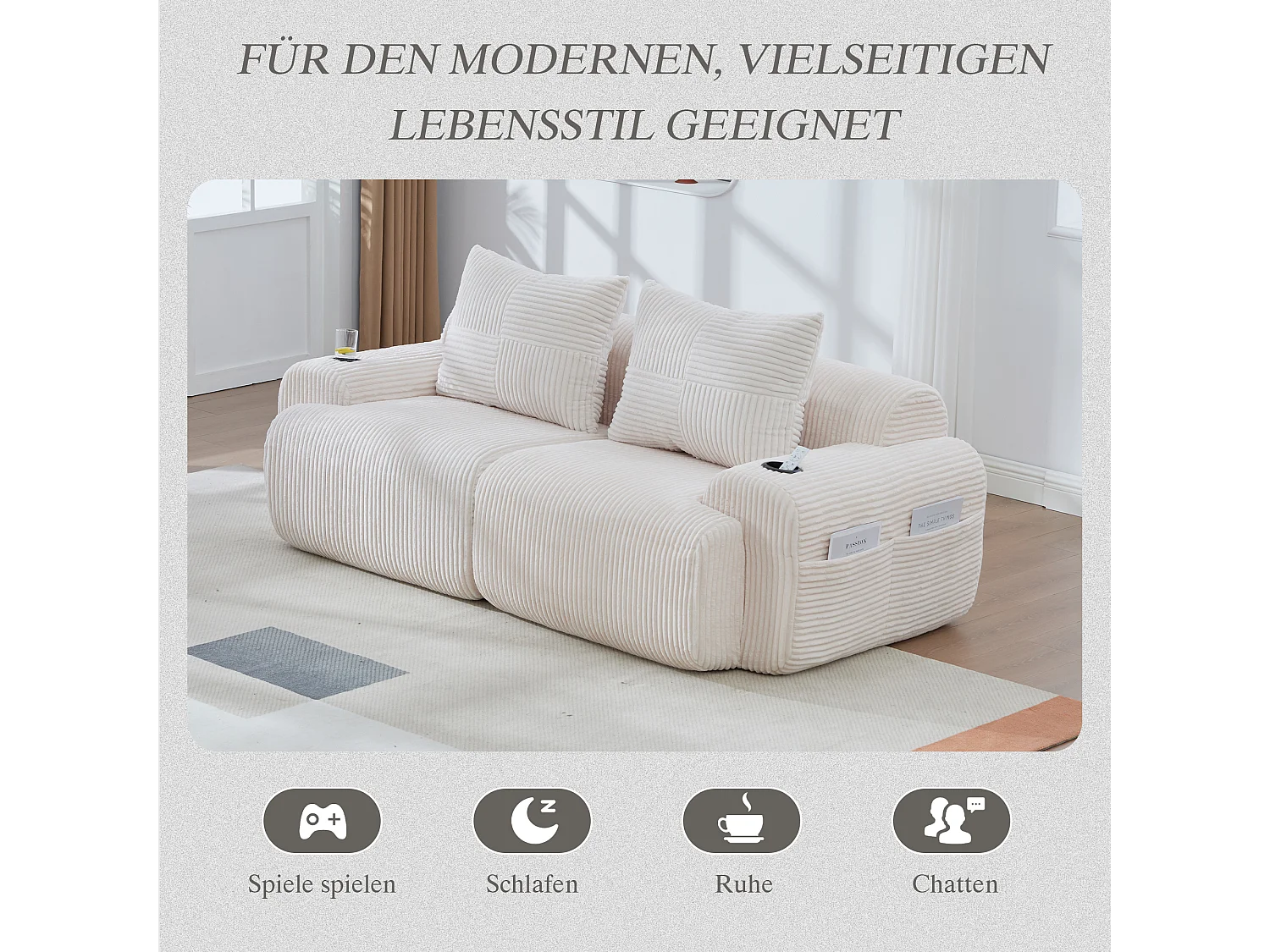 Canapé moderne 2 places - 200 x 99 x 80 cm - avec porte-gobelets + poche de rangement - velours - beige