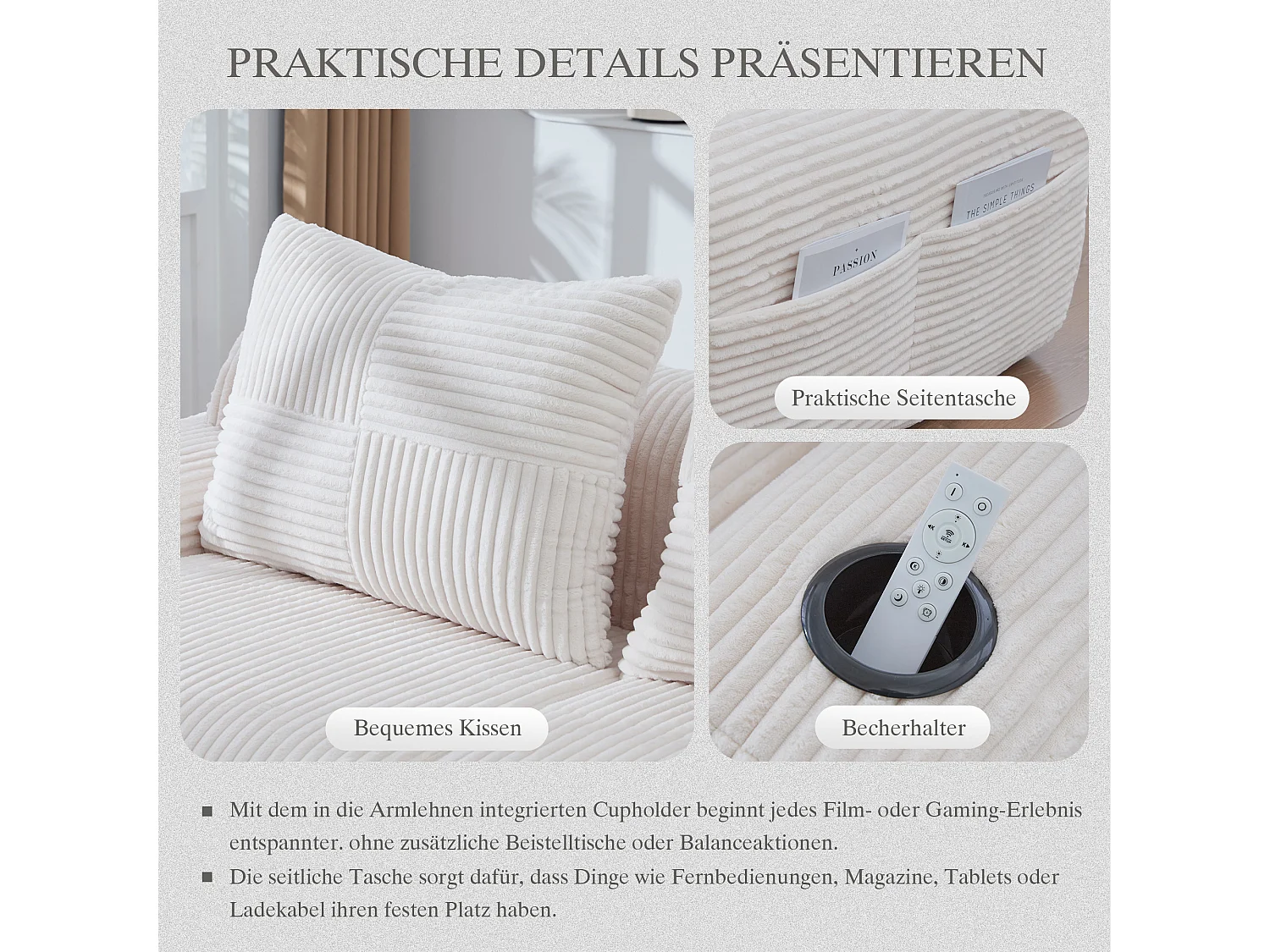 Canapé moderne 2 places - 200 x 99 x 80 cm - avec porte-gobelets + poche de rangement - velours - beige