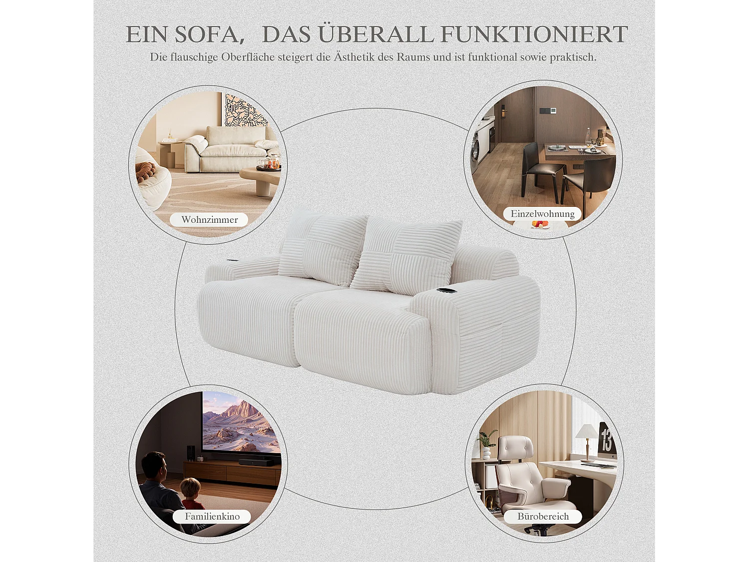 Canapé moderne 2 places - 200 x 99 x 80 cm - avec porte-gobelets + poche de rangement - velours - beige