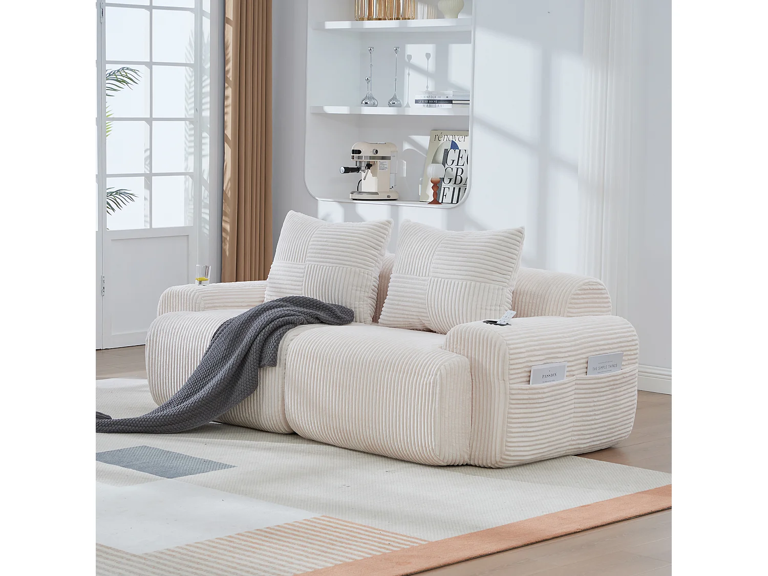 Canapé moderne 2 places - 200 x 99 x 80 cm - avec porte-gobelets + poche de rangement - velours - beige