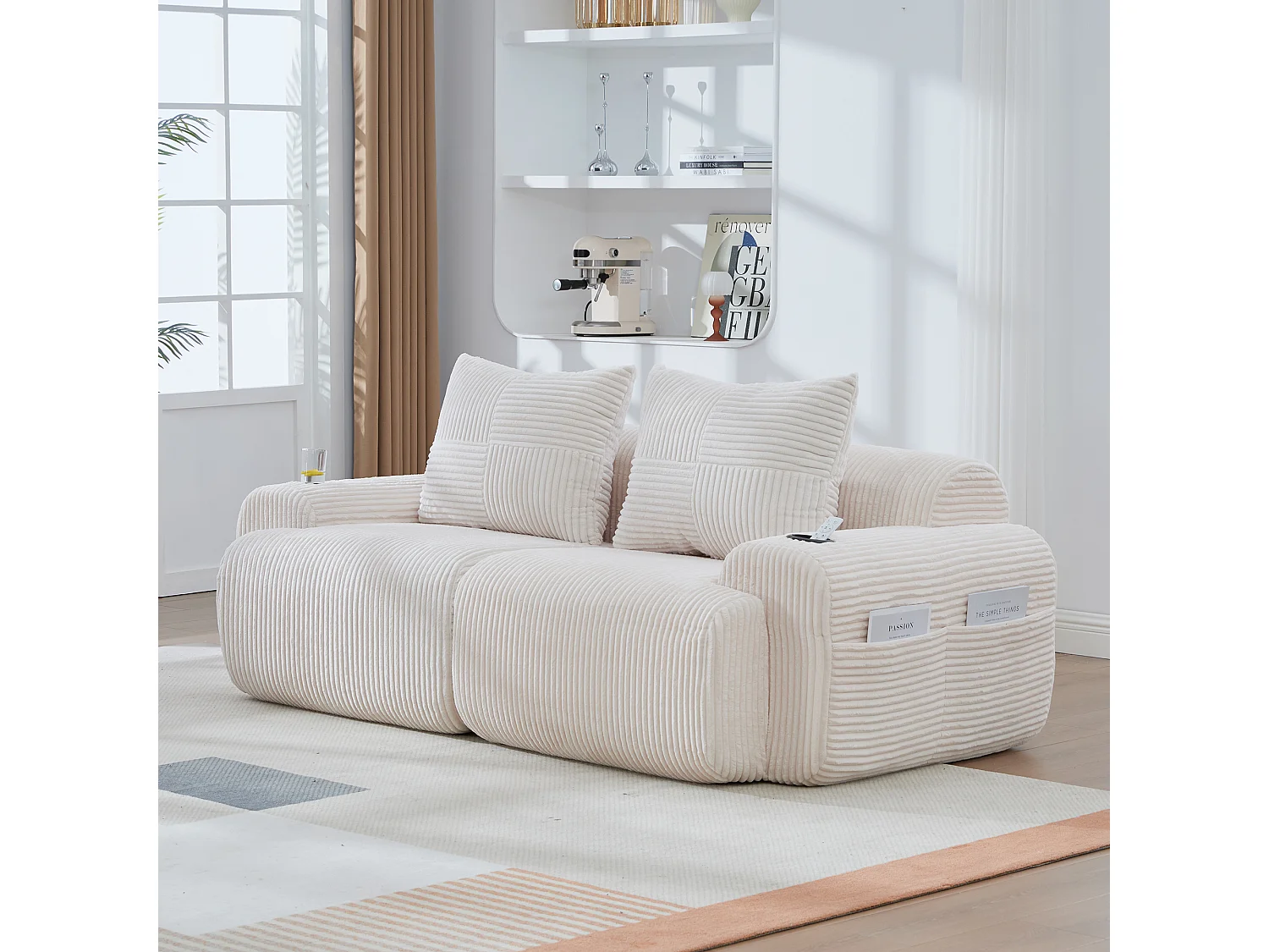 Canapé moderne 2 places - 200 x 99 x 80 cm - avec porte-gobelets + poche de rangement - velours - beige