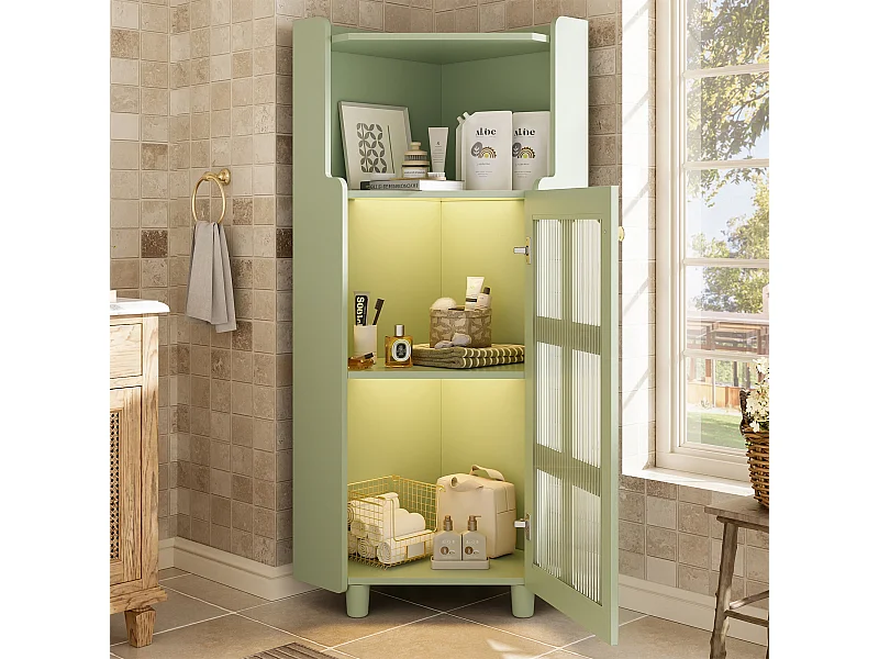 Vetrina angolare verde con illuminazione a LED e 2 ante in vetro - Legno MDF