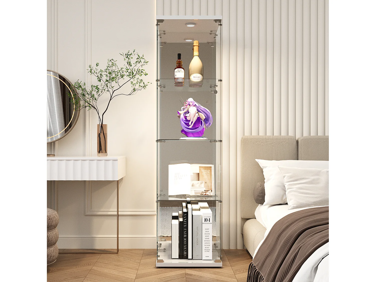 Vitrine en verre avec serrure et éclairage LED - 4 étagères - 1 porte - 36,5 x 42,5 x 164 cm - blanc