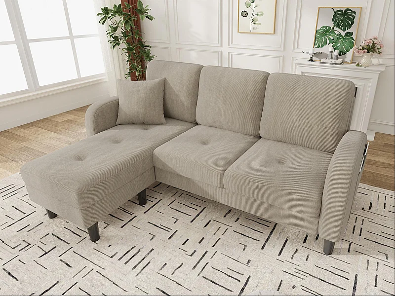 Canapé d'angle avec méridienne - 3 places - Velours côtelé - Brun clair