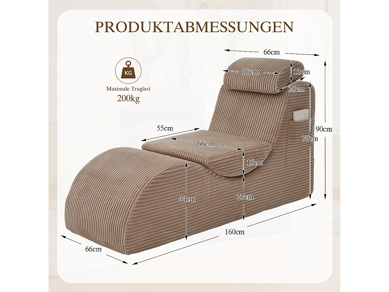 Canapé moderne au design unique et ergonomique - 160 x 66 x 90 cm - avec coussin d'assise amovible - velours - kaki