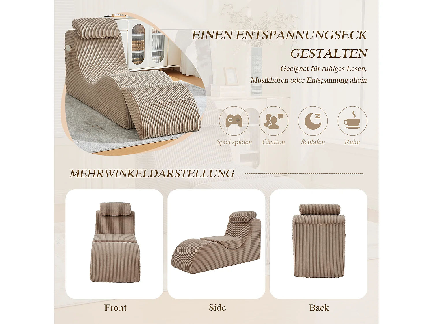 Canapé moderne au design unique et ergonomique - 160 x 66 x 90 cm - avec coussin d'assise amovible - velours - kaki