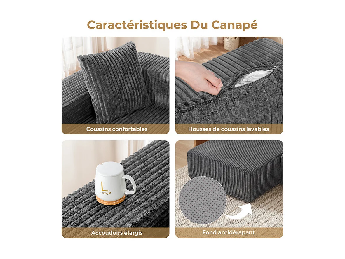 Canapé d'angle gauche modulable - en Velours côtelé Gris - 3 Places - avec 4 Coussins et méridienne - 261x156x80cm