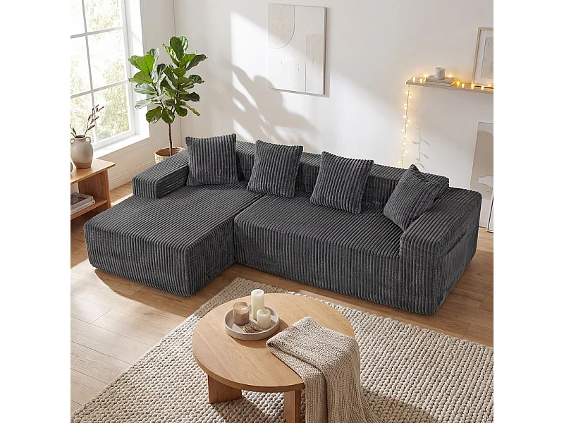 Canapé d'angle gauche modulable - en Velours côtelé Gris - 3 Places - avec 4 Coussins et méridienne - 261x156x80cm