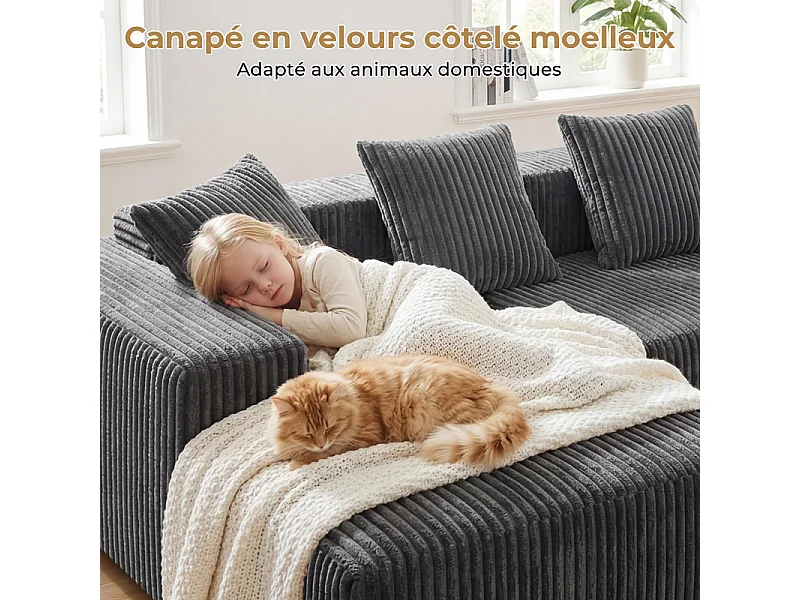 Canapé d'angle gauche modulable - en Velours côtelé Gris - 3 Places - avec 4 Coussins et méridienne - 261x156x80cm