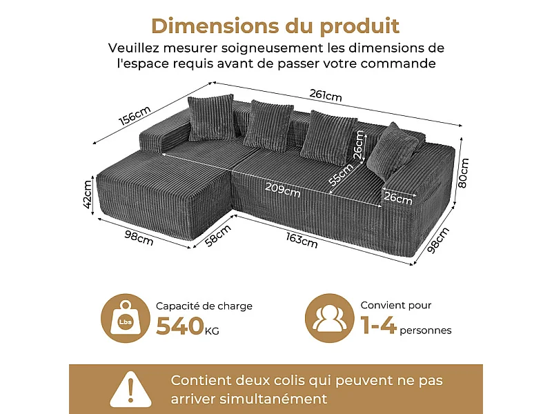Canapé d'angle gauche modulable - en Velours côtelé Gris - 3 Places - avec 4 Coussins et méridienne - 261x156x80cm