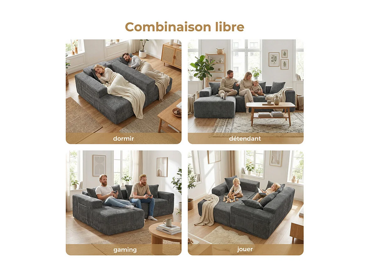 Canapé d'angle gauche modulable - en Velours côtelé Gris - 3 Places - avec 4 Coussins et méridienne - 261x156x80cm