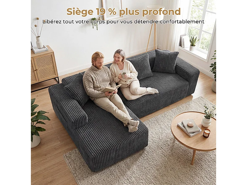 Canapé d'angle gauche modulable - en Velours côtelé Gris - 3 Places - avec 4 Coussins et méridienne - 261x156x80cm