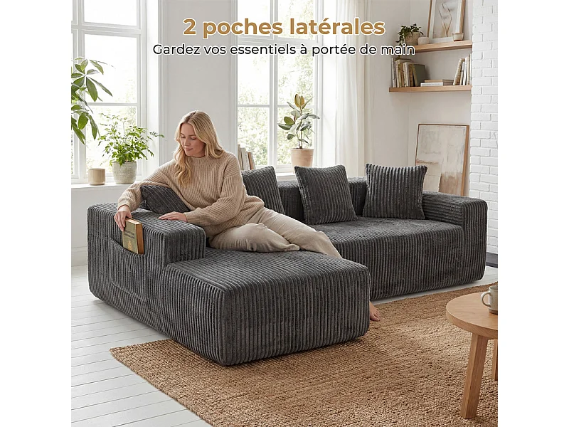 Canapé d'angle gauche modulable - en Velours côtelé Gris - 3 Places - avec 4 Coussins et méridienne - 261x156x80cm