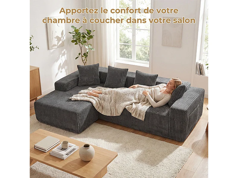 Canapé d'angle gauche modulable - en Velours côtelé Gris - 3 Places - avec 4 Coussins et méridienne - 261x156x80cm