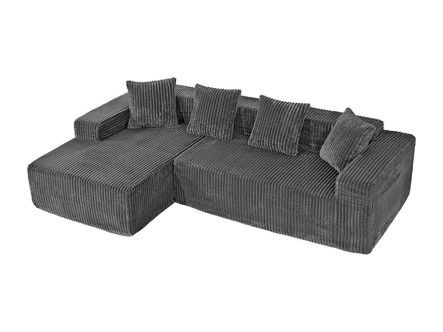 Canapé d'angle gauche modulable - en Velours côtelé Gris - 3 Places - avec 4 Coussins et méridienne - 261x156x80cm