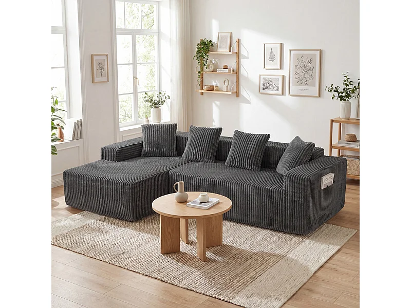 Canapé d'angle gauche modulable - en Velours côtelé Gris - 3 Places - avec 4 Coussins et méridienne - 261x156x80cm