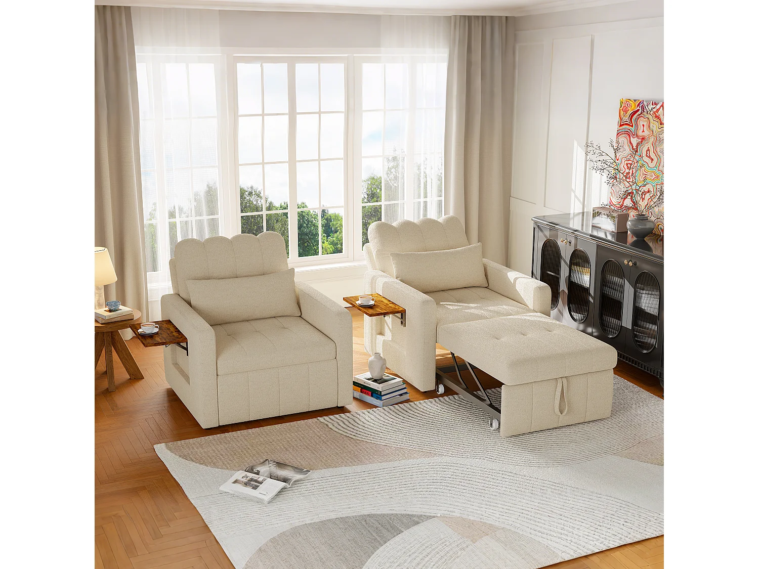 Canapé-lit d'angle 3 en 1 - extensible - dossier réglable - avec table d'appoint rabattable et poches latérales - 190 x 70 cm - beige